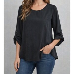 Hippie Rose Black Blouse Womens L Long Sleeve Roll Tab Career Casual Closet Basi